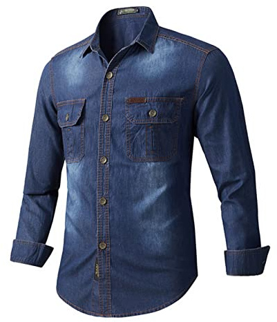 WINDEHAO Camisa de mezclilla casual para hombre de talla grande, camisa de algodón de manga larga con botones, chaqueta de mezclilla Westerm Cowboy, camisa de vestir ajustada (azul oscuro, XXXL)