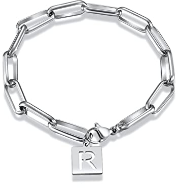 KnSam Edelstahl Armbänder, Armschmuck Armkette Büroklammer Englischer Anfangsbuchstabe R Paper Clip für Männer, Silber