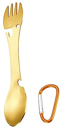 VUIUYOIES Edelstahl Göffel, 5 in 1, Messer, Gabel, Löffel, Mahlzeit, Geschirr, Küchenhelfer, Besteck für Outdoor Camping Utensilien, Gold