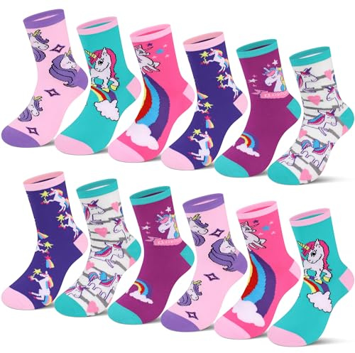 L&K-II Lot de 12 Chaussettes en Coton pour Enfants Filles Chaussettes pour Enfants à Motif Licorne Multicolores Automne Hiver 2883 Taille 27-30