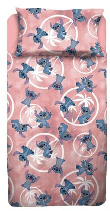 Disney, Stich Rosa, Completo Lenzuola Letto Singolo Una Piazza In Flanella di Puro Cotone Completo Lenzuolo Sopra + Sotto con Angoli + Federa