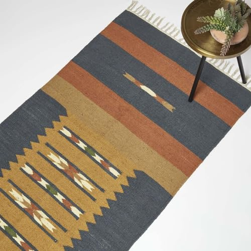 HOMESCAPES Alfombra Kilim tejida a mano naranja y azul para pasillo, 80 x 180 cm, diseño geométrico tradicional Lundi alfombra de yute y algodón con borlas