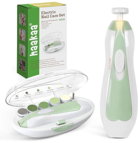 haakaa Baby Nail File Electric Baby Nail Care Set with LED Light, Baby Nail Clippers for Newborn/Infants/Adults Toenails and Fingernails, 6 Replacement Heads & Storage Case, Green