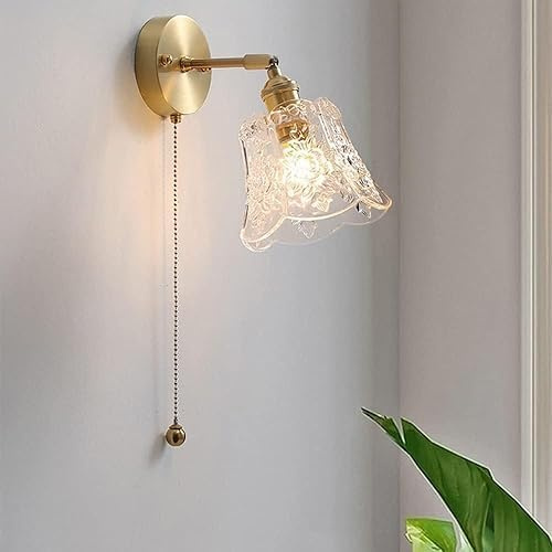 DUBOXX Retro Brass Wall Light with Glass Shade Decorative Wall Sconces Featuring Pull Cord Switch for Night Lighting, E27 Headboard Reading Fixture for Hotel Wall Mount Night Lamps