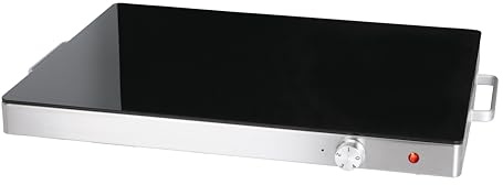 Placa para calentar platos HWT140, cristal templado, control manual, 400W, pies antideslizantes, protección contra sobrecalentamiento, indicador de funcionamiento, plata/negro