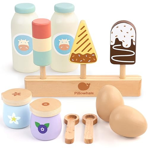Pillowhale Holzspielzeug Lebensmittel Set Kinderküche Zubehör Holz Kaufladen Kinder Kühlschrank Zubehör mit Eiscreme Set Getränke-Set Holz Eier Geschenke für Jungen Mädchen Wooden Fridge Food