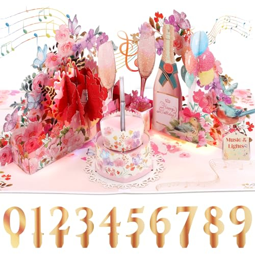 Musik-Geburtstagskarte, Geburtstagskarte mit Musik & Licht für Frau, 3D Champagner Pop-Up Karte Geburtstag Geschenke für Mädchen und Frauen, Frau, Freundin, Mutter, Damen