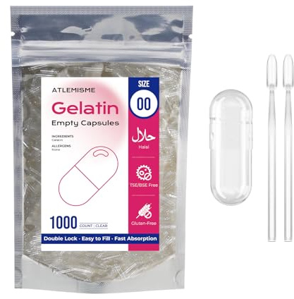Empty Capsules Size 00 1000 Count,Clear Empty Gelatin Capsules Kosher,Halal and Non GMO Certified for DIY Supplements.Hypoallergenic Gel Capsules Empty with 2 Spoons,Adapted to the Capsule Filler