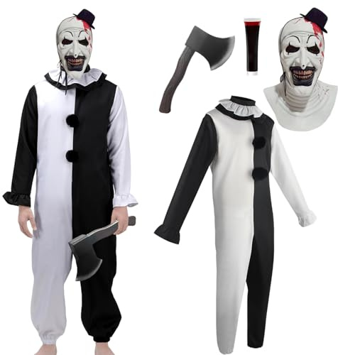 Antsparty Halloween Terrifier Kostüm, Gruselige Killer Clown Kostüm, Herren Art the Clown Jumpsuit Set mit Maske und Axt, Horror Halloween Cosplay Herren