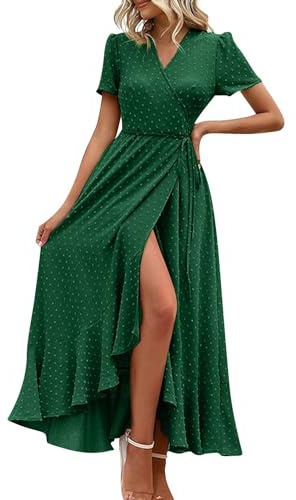 Ansenesna Maxikleid Damen Sommer Volant Sommerkleid Damen Lang Elegant Kleid mit Schlitz Sommerkleider Damen Leicht Und Luftig Kleider Frauen V Ausschnitt Damenkleider mit Gürtel Volantkleider