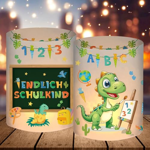 12 Windlicht Tischdeko Einschulung Junge, Endlich Schulkind 2026 Deko, Schuleinführung Einschulungsdeko mit Motiv Dino ABC, Tisch Deko Schulanfang Jungen, Geeignet für Teelichter oder Kerzen
