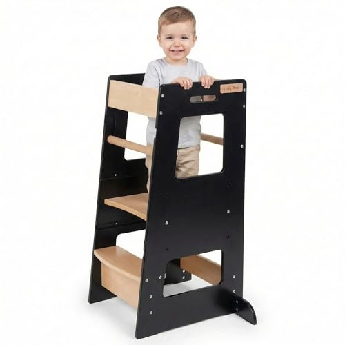 KiddyMoon Lernturm Für Kinder Ab 1 Jahr, Anti-Kipp-Schutz, 3-Fach Höhenverstellbar, Schutzbügel, Montessori Küchenhelfer, Schwarz/Natürlich