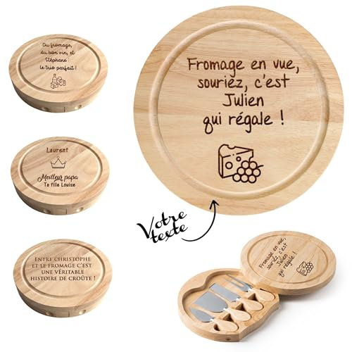 KDO MAGIC - Service à Fromage Personnalisable Avec 4 Ustensiles - Planche à Découper en Bois - Coffret Apéro - Cadeau Homme, Noël, Fête des Pères (Fromage)