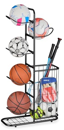 Relaxdays Scaffale per Attrezzatura Sportiva in Acciaio, Ceste per Palloni da Basket, Calcio, Pallavolo, Racchette, Nero