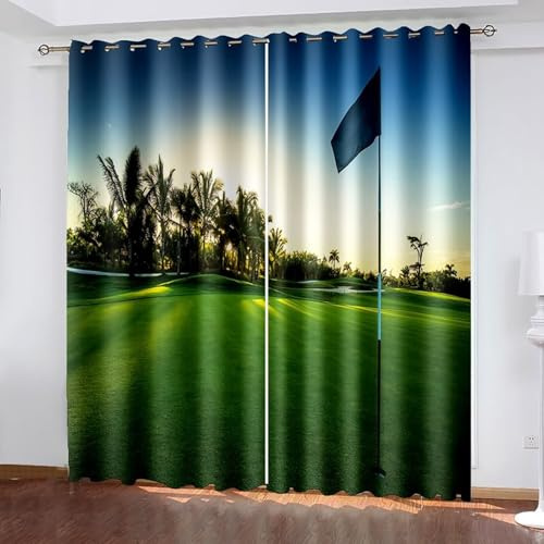AMDXD Lot de 2 rideaux pour fenêtre de chambre à coucher avec coucher de soleil - Motif paysage - Cocotier - Herbe - Protection contre le froid - Isolation acoustique - Bleu vert - 132 x 214 cm (l x H