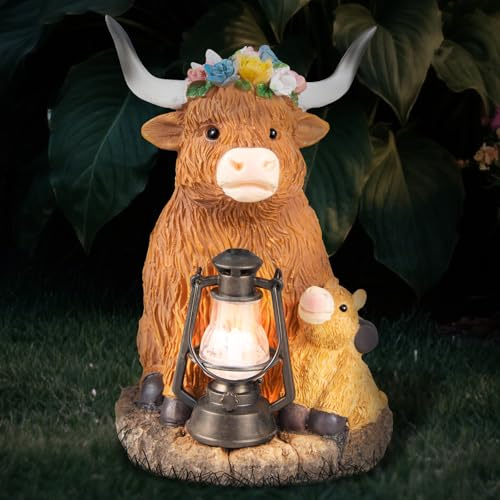 Highland Cow Solar Lights, Solar Powered Statues for Garden,Outside Decor with Latern for Yard Birthday Easter Gifts for Grandma Mom Women Funny Decorations for Yard and Patio Gifts