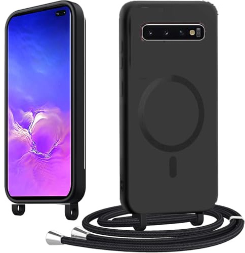 Spdymo für Samsung Galaxy S10+ / S10 Plus Hülle mit Band, Kompatibel mit Magsafe, Magnetisch Handyhülle für Samsung S10 Plus Handyband Kette Silikon TPU Schutzhülle zum Umhängen Kordel, Schwarz