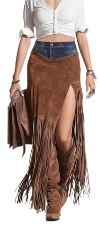 Women's Suede Skirts Western Cowgirl Faux Suede Fringe Trim Midi Skirt Casual High Waist Bodycon Skirt Side Split Hip Packaged Skirt Suedes Tassel Counrty Concert-XXL Dark Brown
