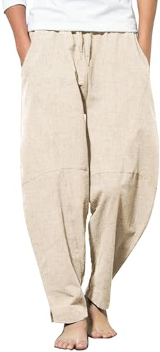COOFANDY Herren Leinenhose Lang Haremshose Männer Leicht Sommerhose Loose Fit Strandhose Freizeithose mit Taschen Khaki XL