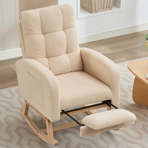 Terahanda Mecedora de terciopelo de peluche, color beige, estructura de madera maciza, patas de metal con reposapiés ocultos, acolchado de espuma alta, para sala de estar, dormitorio, habitación