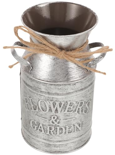 Tofficu Vintage Rustic Silver Milk Can Planter Pot with Handles, Metal Iron Flower Bucket for Outdoor Garden Plants, Home Décor Flowerpot Vase Suitable for Floristry and Wedding