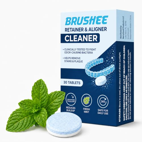 Brushee Pastillas limpiadoras de retenedores, elimina olores y acumulaciones, frescura diaria de menta, para retenedores, alineadores, dentaduras postizas y protectores bucales, compatibles con
