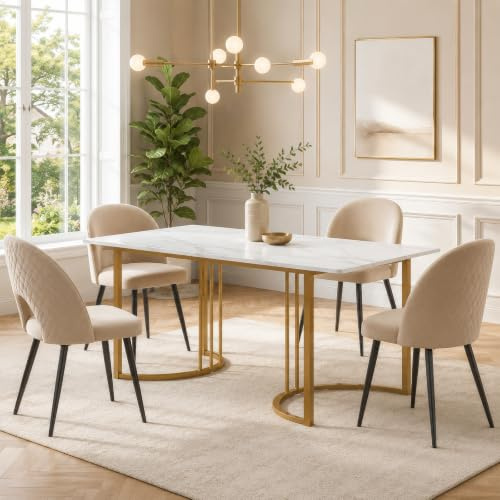 VILUXE Esstisch 140 x 80 cm Weiß Gold, moderner Küchentisch mit Marmor-Optik, rechteckiger Esszimmertisch aus MDF mit Metallgestell, verstellbare Füße, für Esszimmer, Küche, Wohnzimmer