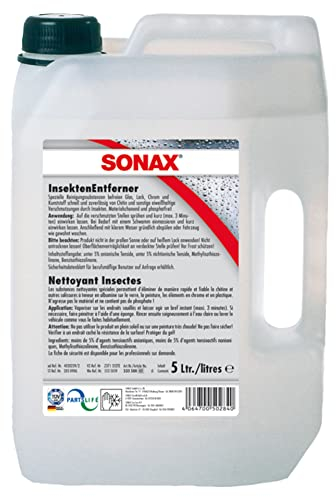 SONAX Detergente rimuovi insetti (5 Litri) Detergente speciale per rimuovere residui di insetti da superfici in vetro, vernice, cromature e plastica | Art. N. 05335000
