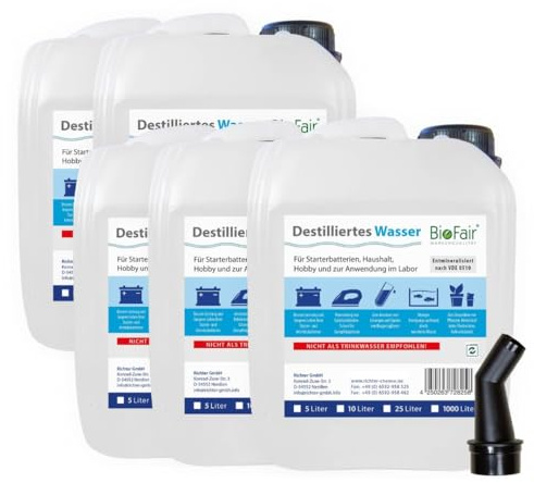 BioFair Destilliertes Wasser VE-Wasser nach VDE 0510, 5 x 5 Liter Kanister | demineralisiert, vollentsalzt, farb- und geruchlos; für Bügeleisen, Dampfreiniger, Batterie und Heizung; nicht zum Trinken