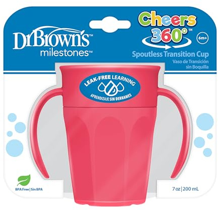 Dr. Brown's Milestones Cheers Tasse de transition sans bec avec poignées pour une prise en main facile et un apprentissage sans fuite, rose, 200 ml, 6 mois et plus (les couleurs peuvent varier)