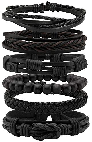 Milakoo 6 Stk. Schwarz Geflochtene PU Lederarmbänder für Männer Frauen Manschette Wickel Armbänder