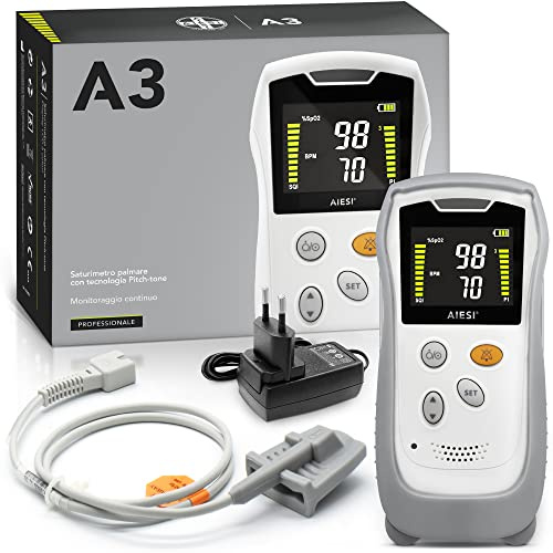AIESI® Fingerpulsoximeter professionell handhållen certifierad med justerbar FÄRGdisplay och rörelsehindrande sond vuxna A3, Extremt exakt, Litiumbatteri, Skyddsfodral med stativ, Garanti 24 månader