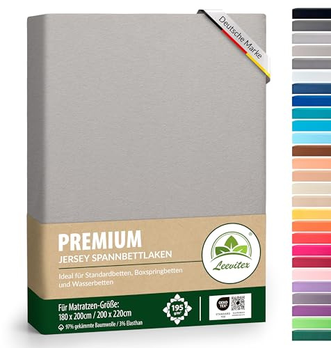 leevitex® Premium Wasserbett & Boxspringbett Spannbettlaken | Spannbetttuch | 180-200 x 220 | 97% Mako-Jersey-Baumwolle | 3% Elastan | Silber/Hellgrau | 195 g/m²