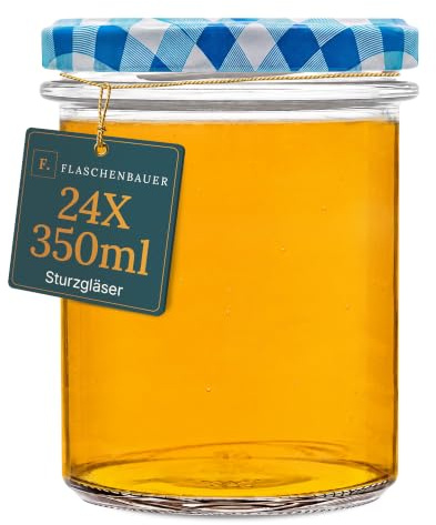 Flaschenbauer - 24x Sturzgläser 350ml - Einmachgläser mit Deckel TO82, Marmeladengläser, Schraubgläser, Joghurtgläser, Sturzgläser zur Aufbewahrung, Twist-Off-Deckel - Made in Germany (Blau-kariert)