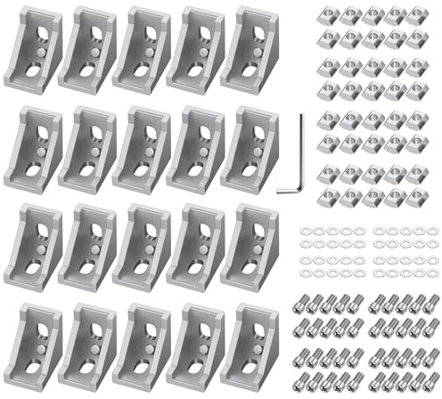 20x EYPINS Befestigungsmaterial Winkel, Aluprofil 20x20 Nut 6 Aluminium Winkelverbinder Eckwinkel Eckverbinder Wandhalter 90 Grad Winkel Raster für Strebenprofil, 3D-Drucker, CNC-Router, DIY-Projekte