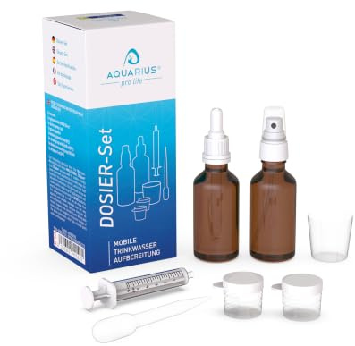 Aquarius pro Life ® - Dosier Set I inkl. 2X 50 ml Fläschchen, 3X Pipette, Spraykopf & Messbecher I Urlaubs- & Outdoor Set I zum Dosieren von CDs/CDL/Chlordioxid-Lösungen