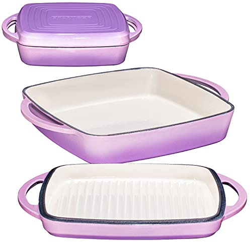 Bruntmor 2-in-1 Square Enamel Cast Iron Dutch Oven Baking Pan with Handles, Purple Baking Pans Set with Cast Iron Skillet, Braising Pan for Casserole Dish with lid, Oven Safe