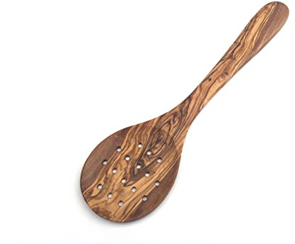 Schaumlöffel Länge wählbar 30/35/37 cm, Sieblöffel, Kochlöffel mit Löcher Extrabreit handgefertigt aus Olivenholz (37 cm)