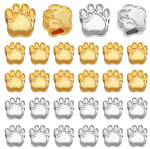 PandaHall 60pcs Dog Paw Prints Perlen, Europäische Perle Tierbär Katze Hund Pfote Fußabdruck Perlen Doggy Puppy Paw Lose Großlochperlen Für Halskette Armband Crafts(Antik Silber & Golden)