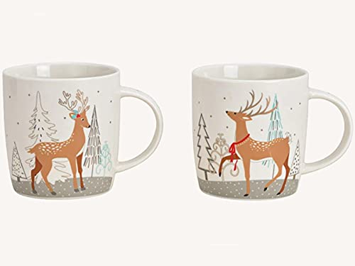 2er-Set Tassen Becher - Elch-Dekor aus Porzellan 2 fach sortiert – weihnachtliche Kaffeetassen für Tee, Kakao, Glühwein – festliche Wintertassen als Geschenk oder Dekoidee (weiß gold) B12 x H9 x T8cm