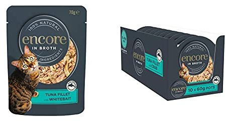 Encore Cat Food Pouch Tuna Fillet & Whitebait (16 x 70g Pouches) & 100% Natural Wet Cat Food Pot, Succulent Tuna with Pacific Crab in Broth 60 g Pot (Pack of 10)