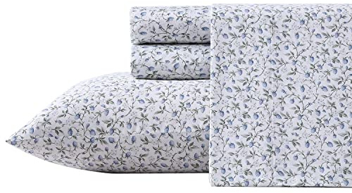 Laura Ashley Home King Sheet Set, Soft Sateen Cotton Bedding Set - Sleek, Smooth, & Breathable, Bramble Vine Green