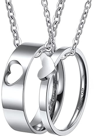 Edelstahl Halskette Partner Gravur EIN Leben lang an deiner Seite, 2Pcs Anhänger Ring 4/6MM I Love You Herz Partner Ketten Ringe Silber, Gr.54 & Gr.62, Länge 60cm/ 50cm