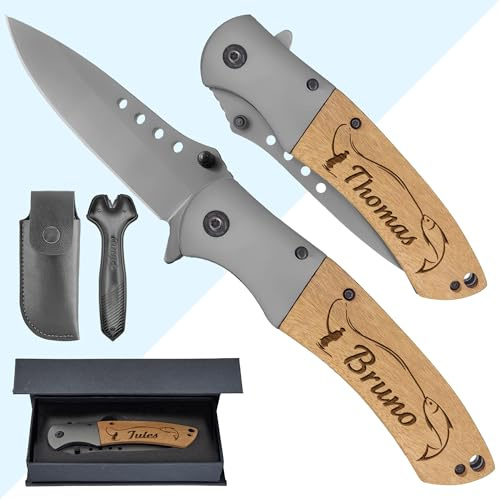 KDO MAGIC - Personalisiertes Klappmesser (Motiv: Fisch) | Geschenk, Vatertag, Geburtstag oder Weihnachten | Gravieren Sie Ihren Vornamen | Personalisierbare Sicherheitsklinge