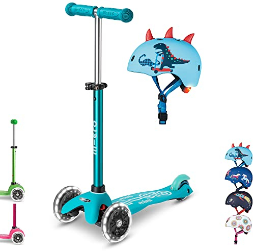 Mini micro™ Deluxe LED | Das ORIGINAL | Kinder Roller ab 2 Jahren | inkl. zertifiziertem Helm | Kinderroller von 2-5 Jahre | Kickboard Scooter | 2 3 4 5 Jahre (Roller: Aqua/Helm: Scootersaurus, M)