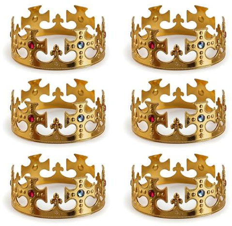 Lizzy Gold King Crown Set of 6 Pack Royal Fancy Dress Crown Adjustable Lightweight Costume Headwear Regal Party Accessory for Theatre Cosplay Coronation Events Stage Performance