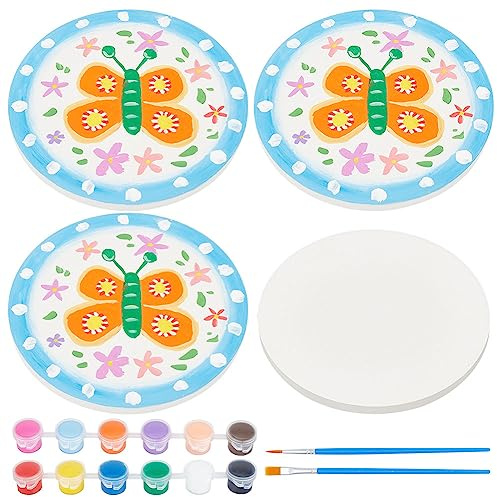 WEBEEDY DIY Ceramic Plates Painting Kit, Paint Your Own Mini Plates, 10.3cm | 3 sets ceramic plates; 12 colors paints and brushes; pottery painting kit for beginner; arts and crafts kit; gift for holiday