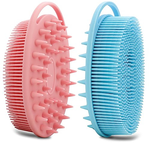 2 Pack Silicone Body Scrubber, Loofah Double-Sided Body Brush,Shower Scrubber and Scalp Massager Shampoo Brush for Sensitive Kids Women Men All Kinds of Skin (Pink & Blue)