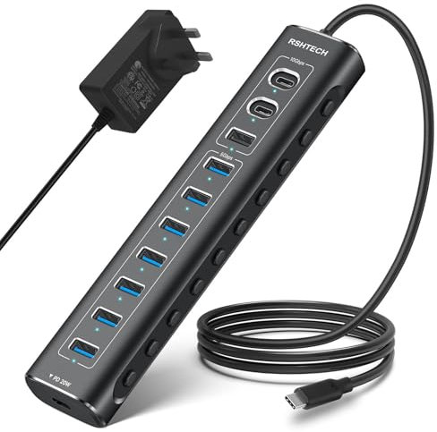 RSHTECH 60W Powered USB 3.2 Hub, 11-Port USBC Hub with 10Gbps Data Port (2C+1A), 7 x USB 3.0 Port and 20W PD, Aluminum USB Splitter with 12V/5A Power Adapter and 3.3ft Long Cable (RSH-A11PD)