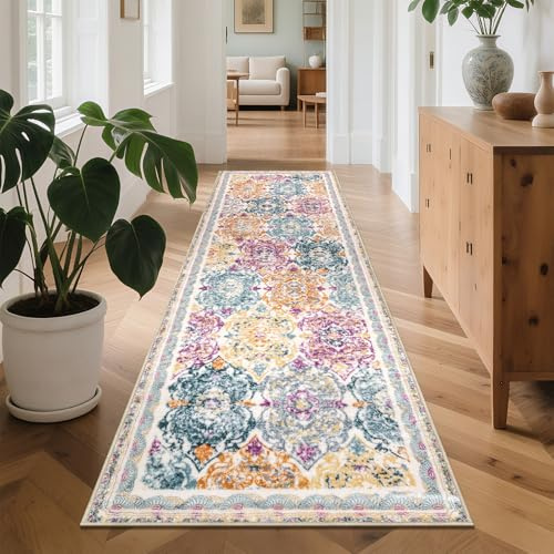 Enyhom Gångmatta, 75 x 243 cm lång, dörrmatta för entré, tvättbar, lurvig, mjuk matta för tvättstuga, halkfri köksmatta i vintage-/bohemiskstil för badrum, entré, sovrum, trappa, färgrik